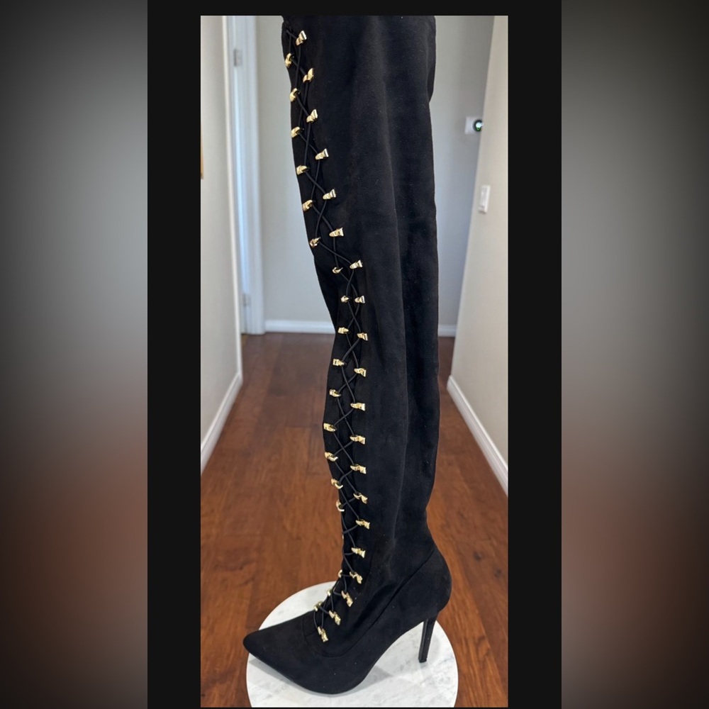 Thigh high Black Suede Pants with Gold Lace-Up Detail. Size 8.5